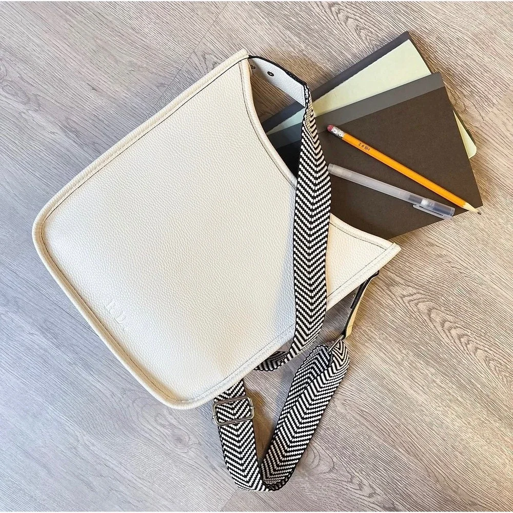 Rae Dunn Crossbody Bag Women Medium White Chevron Guitar Strap Messenger